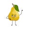 Pear character with emotions of hero, brave face, arms and leg.