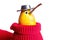 Pear character wearing cowboy hat and red sweater