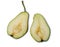 Pear isolate cut in half. Fruit on a white background. Green pear with red patches. Delicious fruit.