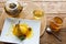 Pear in orange juice with herbal tea