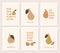 Pear print cozy artistic quote cards set. Sketch romantic fruit icons with ecological creative text