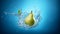 Pear in spray of water. Juicy pear with splash on blue background. AI generated