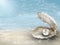 Pearl in oyster shell underwater background