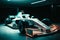 pearl white futuristic formula 1 car, inside a white garage, led grill headlights with hologram