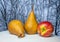 Pears and apple with a background of snow-cowered trees