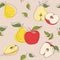 Pears and apples. Fruit seamless pattern background. Hand drawn line vector illustration