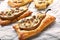 Pears baked in puff pastry with gorgonzola cheese and walnuts