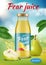 Pears poster. Realistic placard template for fresh pear juice ads liquids and splashes from fruits decent vector