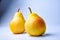  pears. Two whole yellow green pear fruits  on white with clipping path