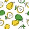 Pears vector seamless pattern. Fruit pattern. Half of pear and whole pear