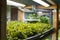 Peas. Urban microgreen farm. Eco-friendly small business. Baby leaves, phytolamp
