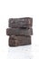 Peat briquettes on white background, alternative fuels, raw material, place for text