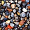 Pebble background with round colorful pebbles from the sea beach. Digital illustration in painting style.