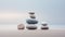 Pebble cairns, stacks of smooth pebbles on the seaside. Stone stacks on the sand beach near a calm misty ocean. Generative AI