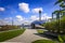 Pebble\'s Terrace at the Hyatt Dusseldorf overlooking the Media Hafen and the TV Tower in Dusseldorf Germany