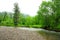 A pebble shore at the bend of a turbulent mountain river flowing through a summer forest after a rain