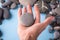 Pebble stone hold in hand on blue background with pebbles