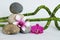 Pebbles gray natural arranged in lifestyle zen with a two-tone orchid and a dark pink orchid bamboo twisted on white background