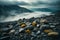 Pebbles, rocks Closeup macro photography, Mountain terrain, Foggy weather Sky Rainy Dark Clouds, Cozy Nature weather Lofi style