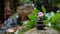 Pebbles stacked into a pyramid with a pink flower on top. Mini waterfall and rock garden at the background.