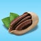 Pecan nut open in shell with crack isolated on blue background. Concept of Pecan nut closeup with green leaf for layout
