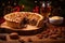 pecan pie on a wooden board, with whole pecans next to it