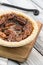 Pecan pie on wooden table. Thanksgiving dessert. Pecan tart