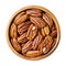 Pecans, raw pecan nut halves, snack nuts in a wooden bowl