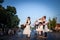 PECINCI, SERBIA - JULY 15, 2023: group of children, girls dancing a Serbian kolo in Pecicni, serbia. Srpsko kolo is a traditional