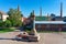 Pecs, Hungary - 21.08.2020: Beautiful colorful buildings in the famous colorful Zsolnay quarter in PÃ©cs with colorful statue and