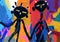 Peculiar two scary black voodoo doll hold hands. African color pattern, mix-media illustration, voodoo doll and graffiti. Artistic