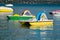 Pedal boats or paddle boats with water slides at Lake Annecy at Haute-Savoie department