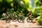 Pedaling joy Miniature people on bicycles with a green bokeh backdrop