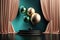 Pedestal with gold and dark green balloons on dark background with curtains. Generative AI