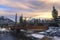 Pedestrain Footbridge Spring Creek Mountain Village Dramatic Sunset Sky Canadian Rocky Mountains Canmore Alberta