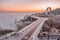 Pedestrian bicycle bridge, Kyiv Ukraine, dawn, heavy fog spreads over the Dnieper river, aerial view