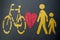 Pedestrian/bike sign and heart graffiti