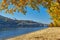 Pedestrian bridge across the Dnieper River, autumn landscape, Kiev