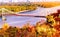 Pedestrian bridge on beautiful the background of the Autumn Landscape and the Dnieper River. Autumn in Kyev