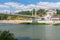 Pedestrian bridge and a cable car across the Ural River