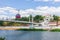 Pedestrian bridge and a cable car across the Ural River