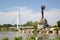 Pedestrian bridge and the keeper of plains Wichita Kansas view