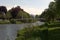 pedestrian bridge over river Tweed at Peebles in summer