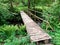 Pedestrian bridge over a stream built of wooden logs with a one-sided railing