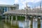 Pedestrian bridge to the Music and Congress Hall or MuK in Lubeck, Germany on the river Trave, modern building by Meinhard von