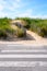 A pedestrian crossing on the seaside road and a pathway on the sand dune covered with wild grasses