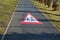 Pedestrian crossing sign, pedestrian zone, beware of pedestrians on the road. horizontal signage on asphalt red triangle with a sy