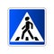 Pedestrian crossing sign. Traffic road blue sign isolated on white background. Warning people street safety icon