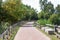 Pedestrian and cycle eco path, asphalt pavement, stone bench, background and vegetation