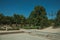 Pedestrian promenade with trees and streetlights in a park of Madrid